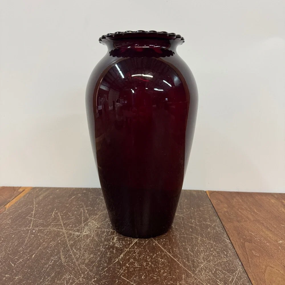 Ruby Red MCM Glass Vase with‎ Ruffled Rim Home Decor Flower Vase